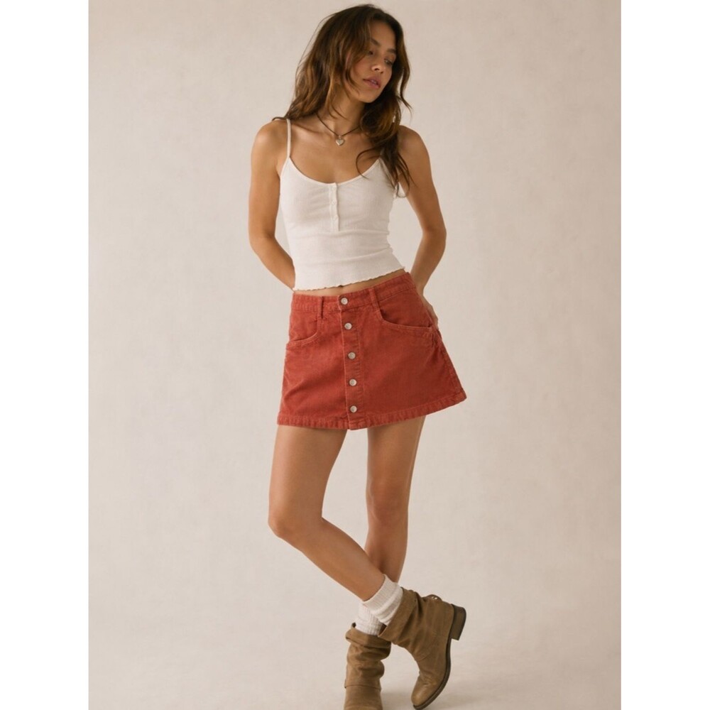 Free People Corduroy Button Front Mini Skirt Coral Pink Size 8/12